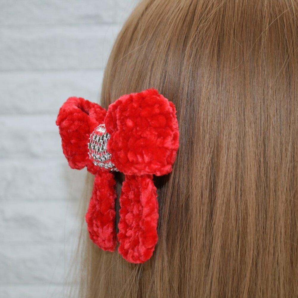 HAND CRAFTED Crochet Bow Chenille Velvet Hair Barrette Oversized Bling Red - Picture 3 of 14